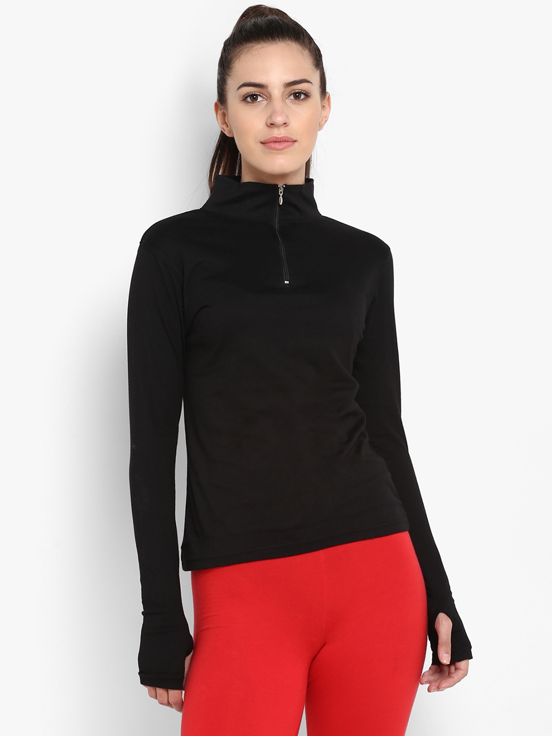 

appulse Women Black Solid High Neck T-shirt