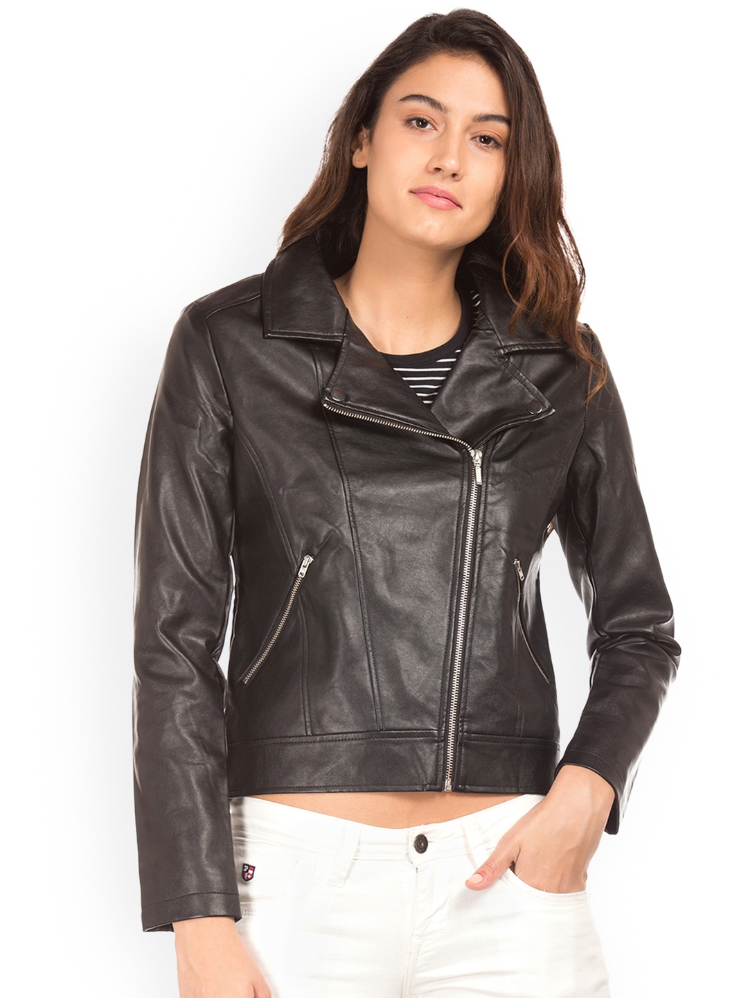 

Flying Machine Women Black Solid Biker Jacket