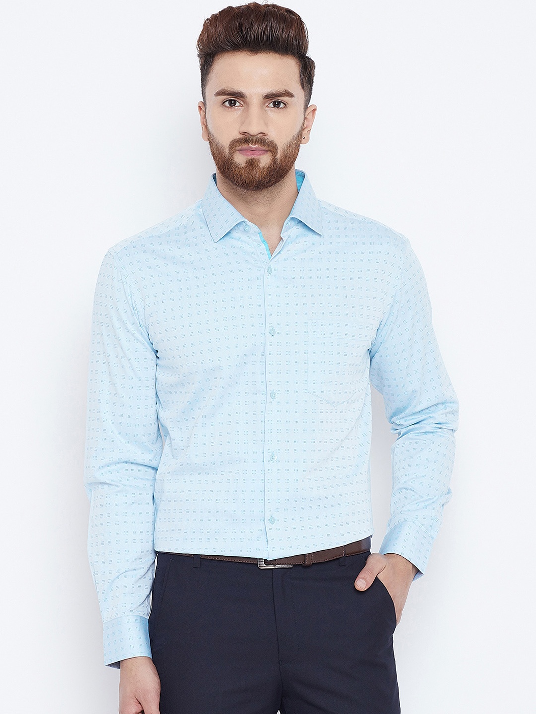 Canary London Men Turquoise Blue Smart Slim Fit Checked Formal Shirt