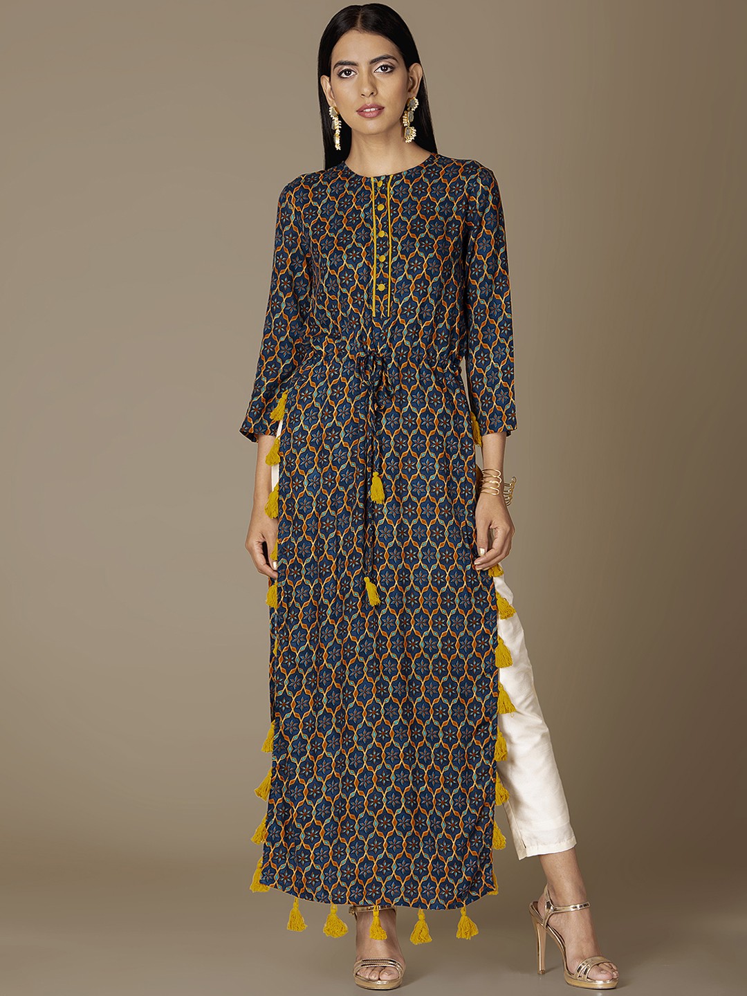 

INDYA Women Blue Printed Straight Kurta