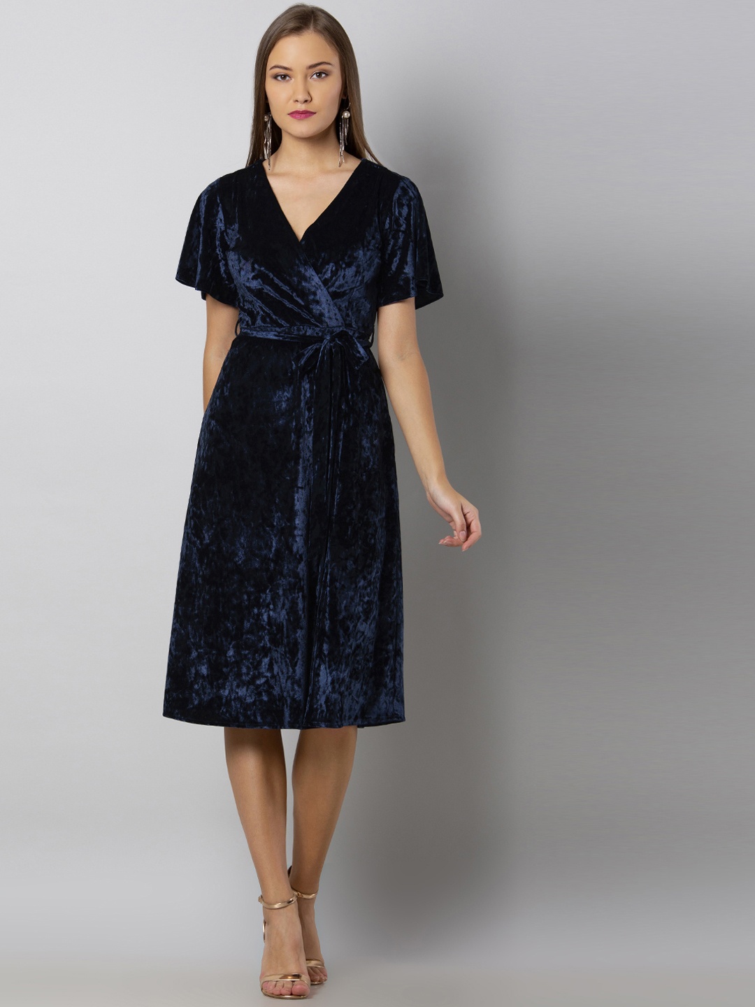 

FabAlley Women Blue Solid Wrap Dress