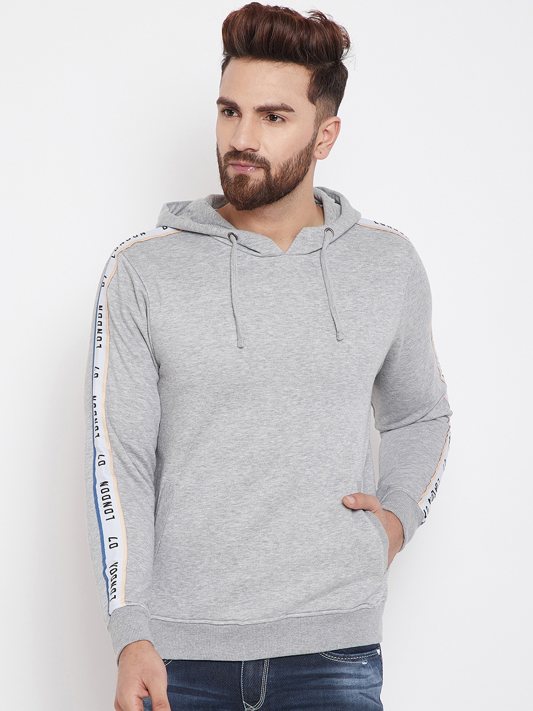 

Canary London Men Grey Melange Printed Hooded Sweatshirt
