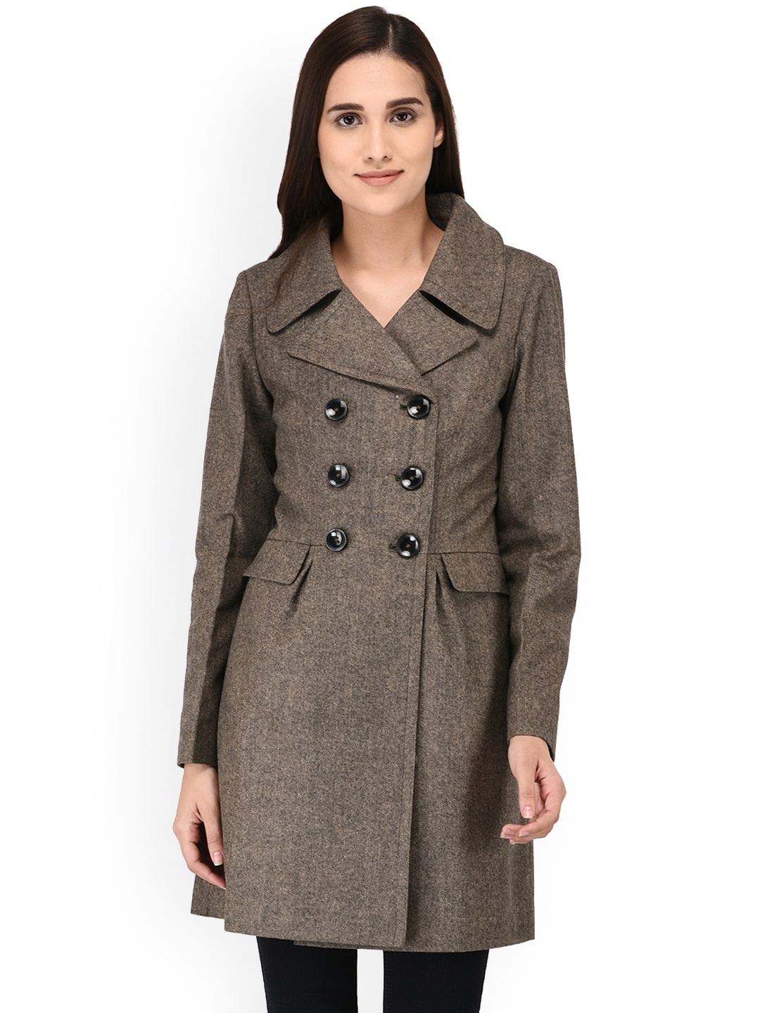 

Owncraft Women Brown Solid Woollen Double-Breasted Overcoat