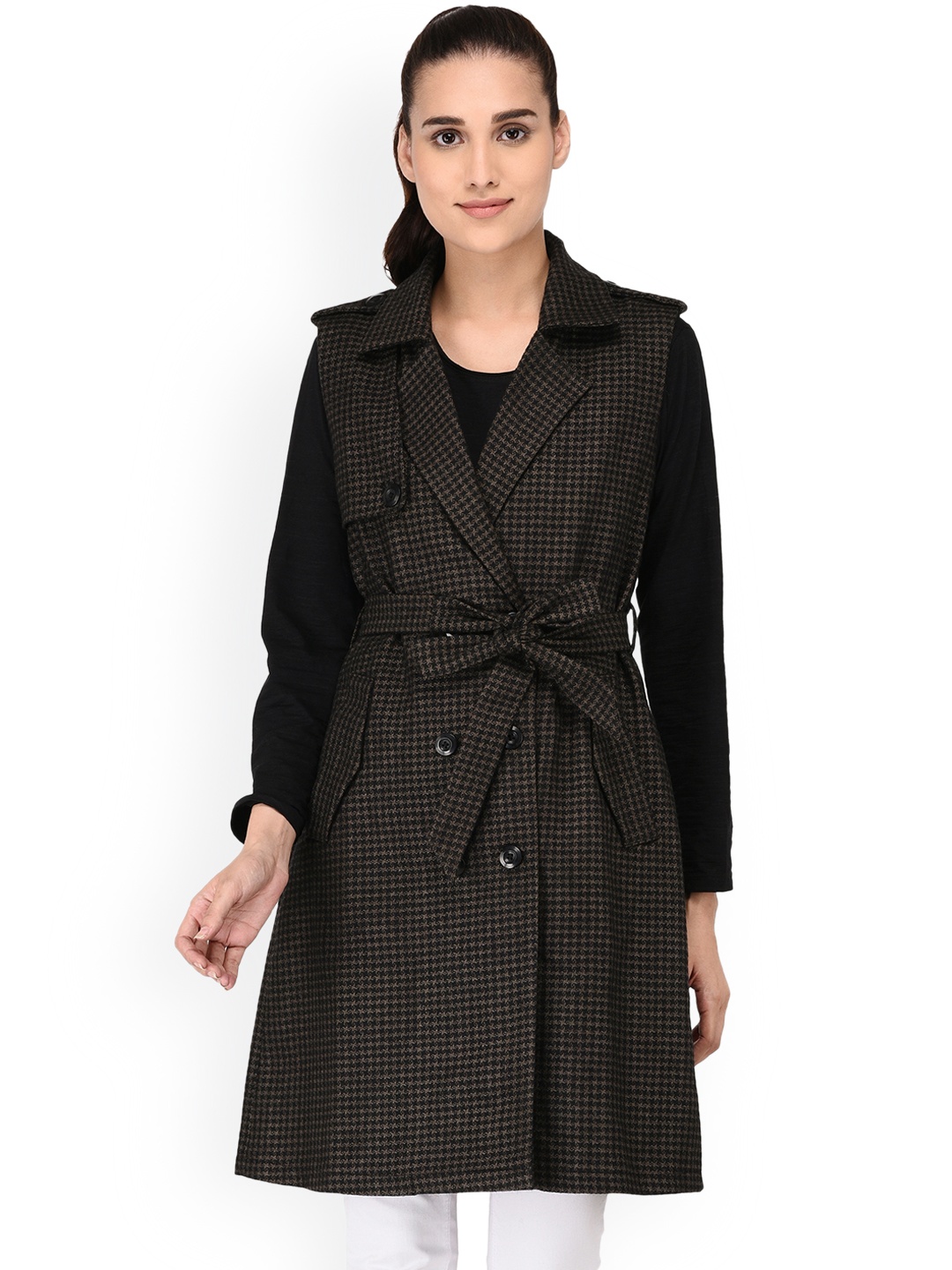 

Owncraft Women Black Checked Woollen Double-Breasted Overcoat