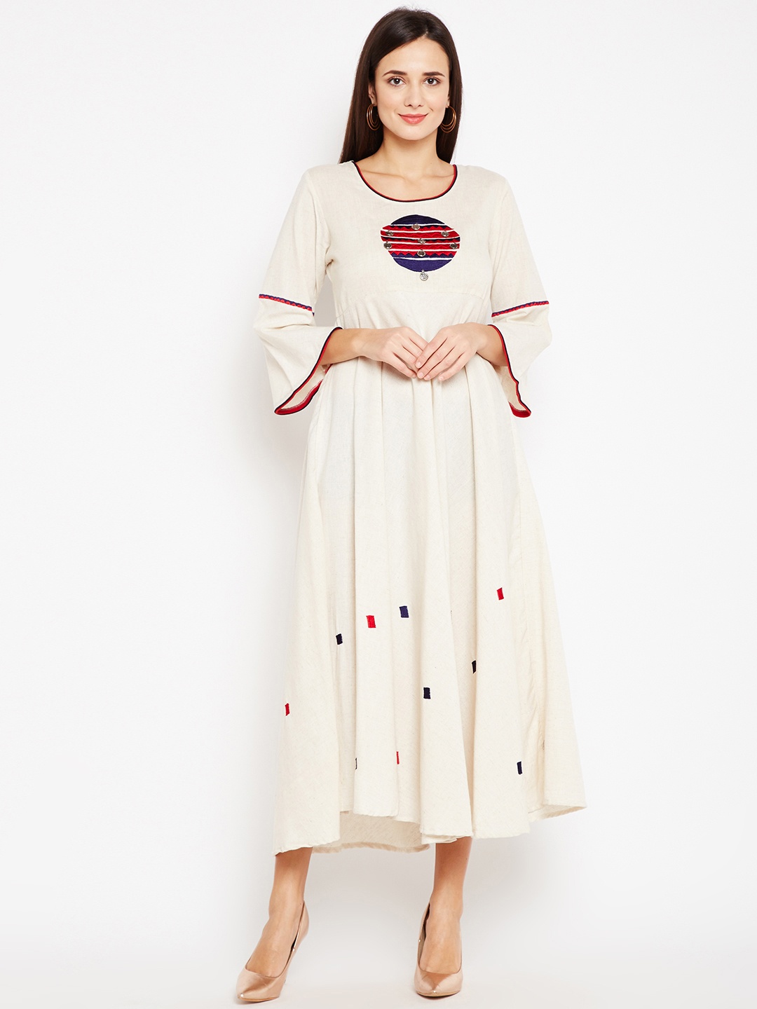 Be Indi Women Off-White Solid Pure Cotton Anarkali Kurti
