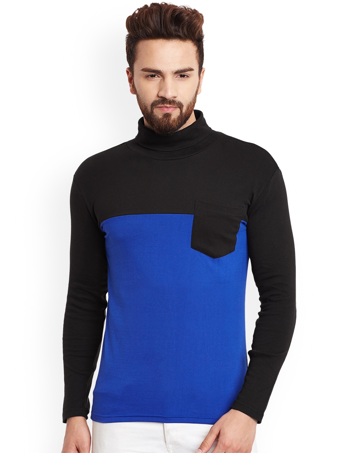 

Hypernation Men Black Colourblocked Turtle Neck T-shirt