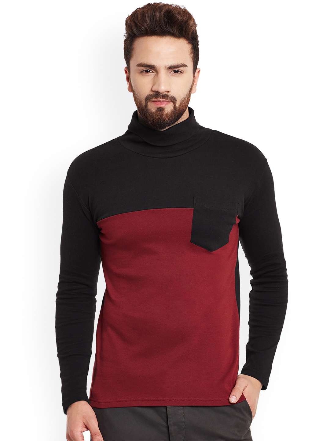 

Hypernation Men Black & Black Colourblocked Turtle Neck T-shirt