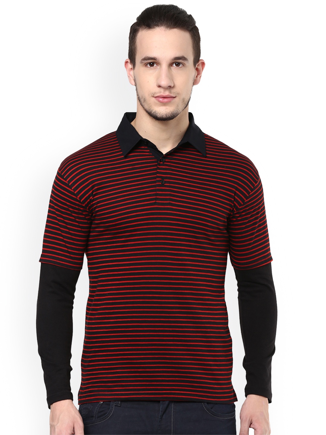 

Hypernation Men Black & Red Striped Polo Collar T-shirt