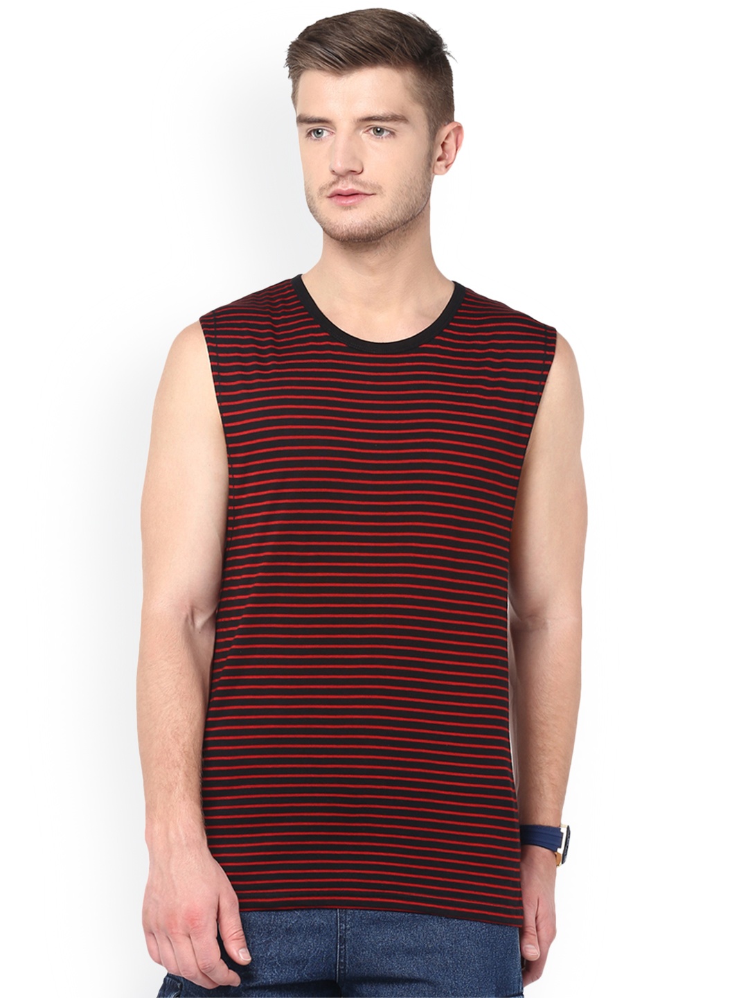 

Hypernation Men Black & Red Striped Round Neck Sleeveless T-shirt
