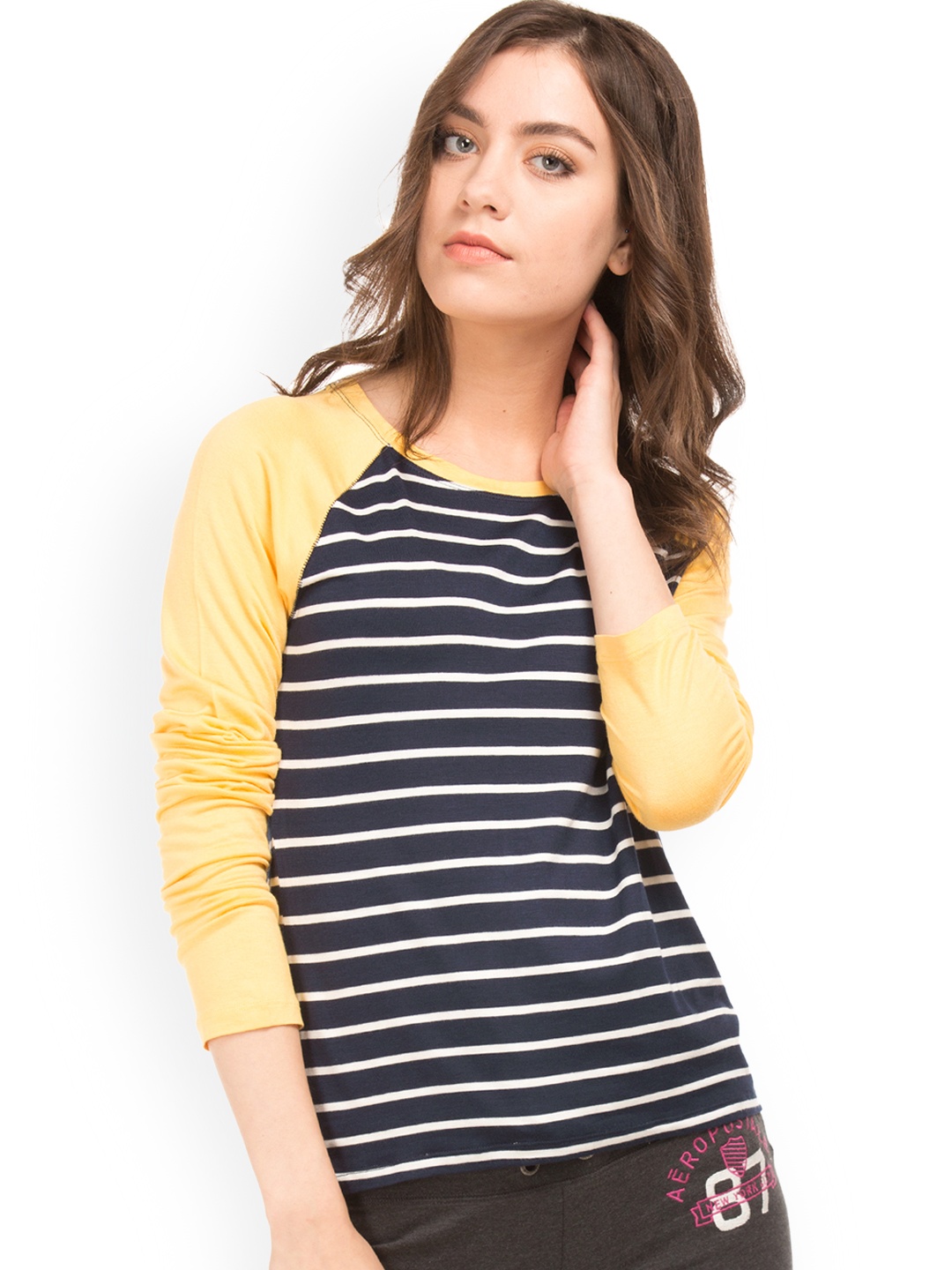 

Aeropostale Women Navy Blue & White Striped Round Neck T-shirt