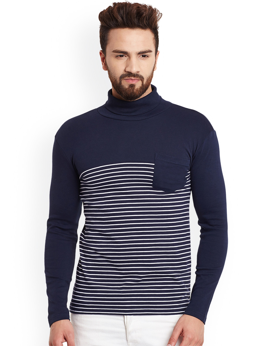 

Hypernation Men Blue Striped Turtle Neck Pure Cotton T-shirt
