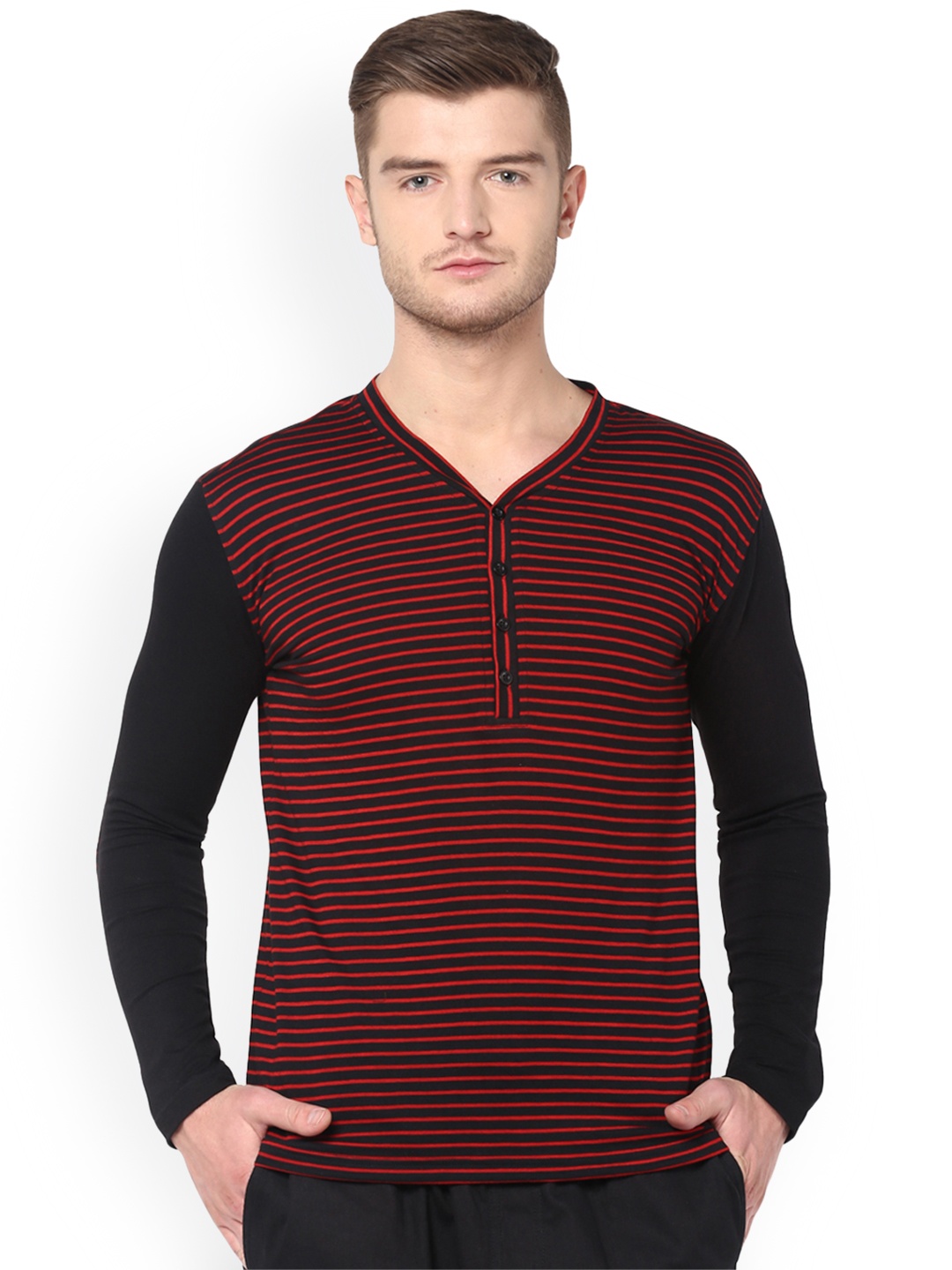 

Hypernation Men Black & Red Striped Henley Neck T-shirt
