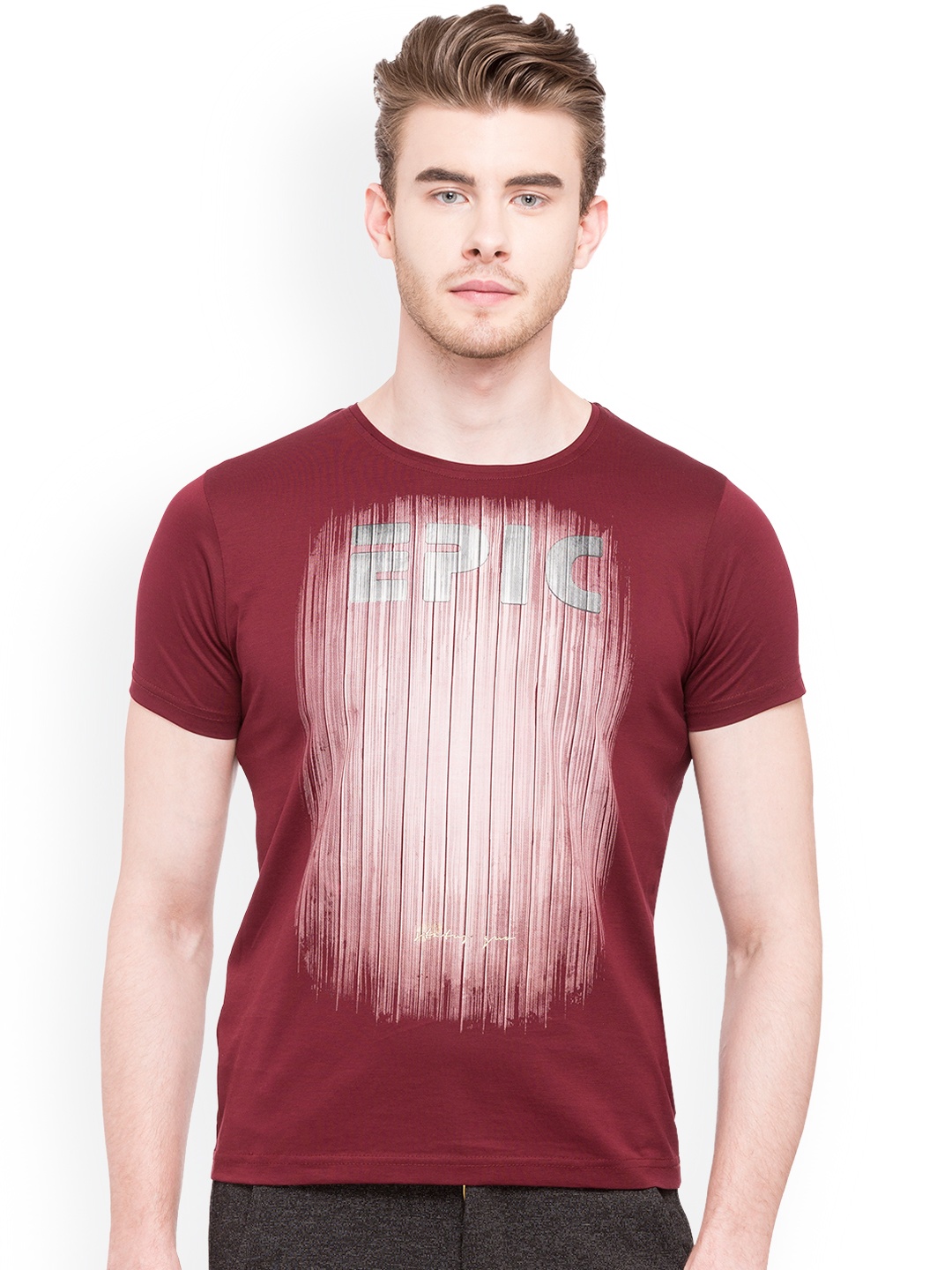 

Status Quo Men Maroon Printed Round Neck Pure Cotton T-shirt