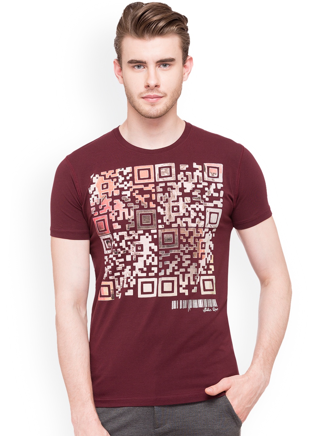 

Status Quo Men Maroon Printed Round Neck Pure Cotton T-shirt