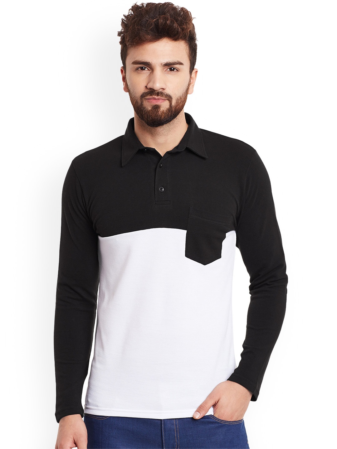 

Hypernation Men Black White Colourblocked Polo Collar Pure Cotton T-shirt