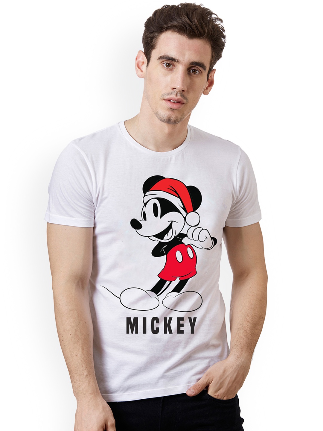 

Free Authority Men White Mickey Mouse Printed Round Neck Pure Cotton T-shirt