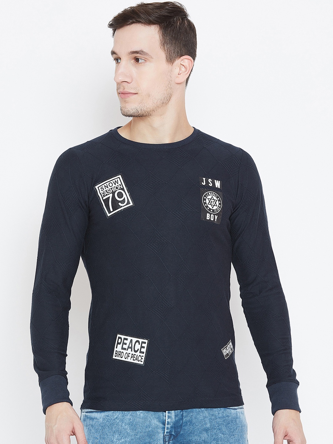 

Camey Men Navy Blue Printed Round Neck Slim Fit T-shirt