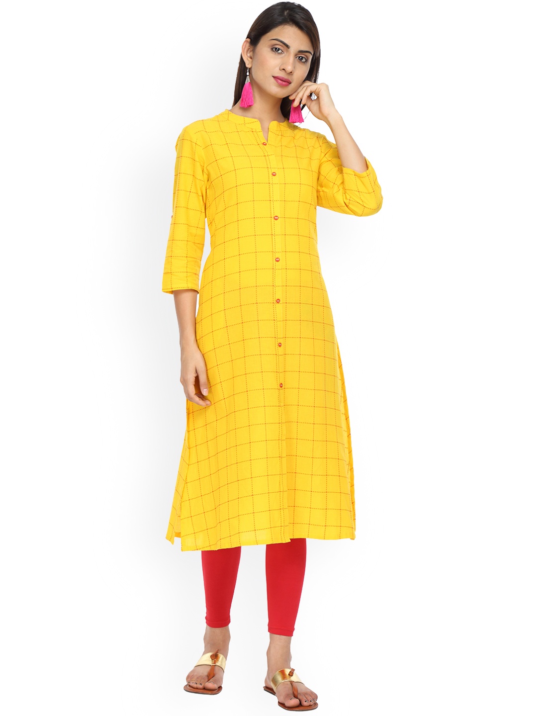 

Alena Women Mustard Yellow Checked Straight Kurta