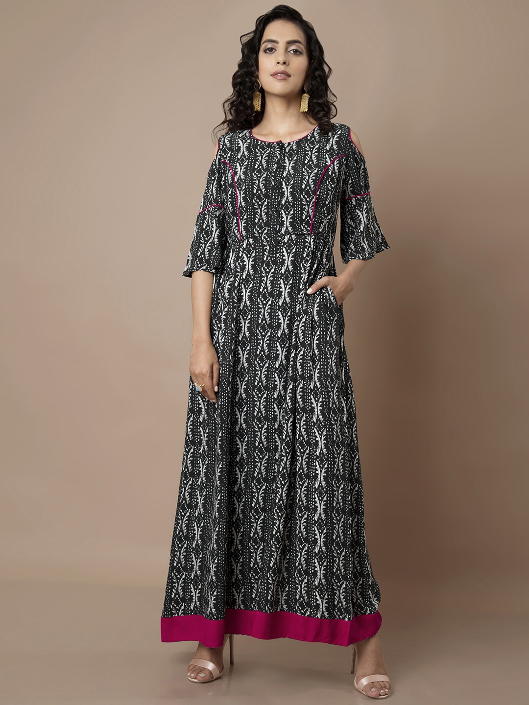

INDYA Women Black Printed A-Line Ethnic Maxi Dress