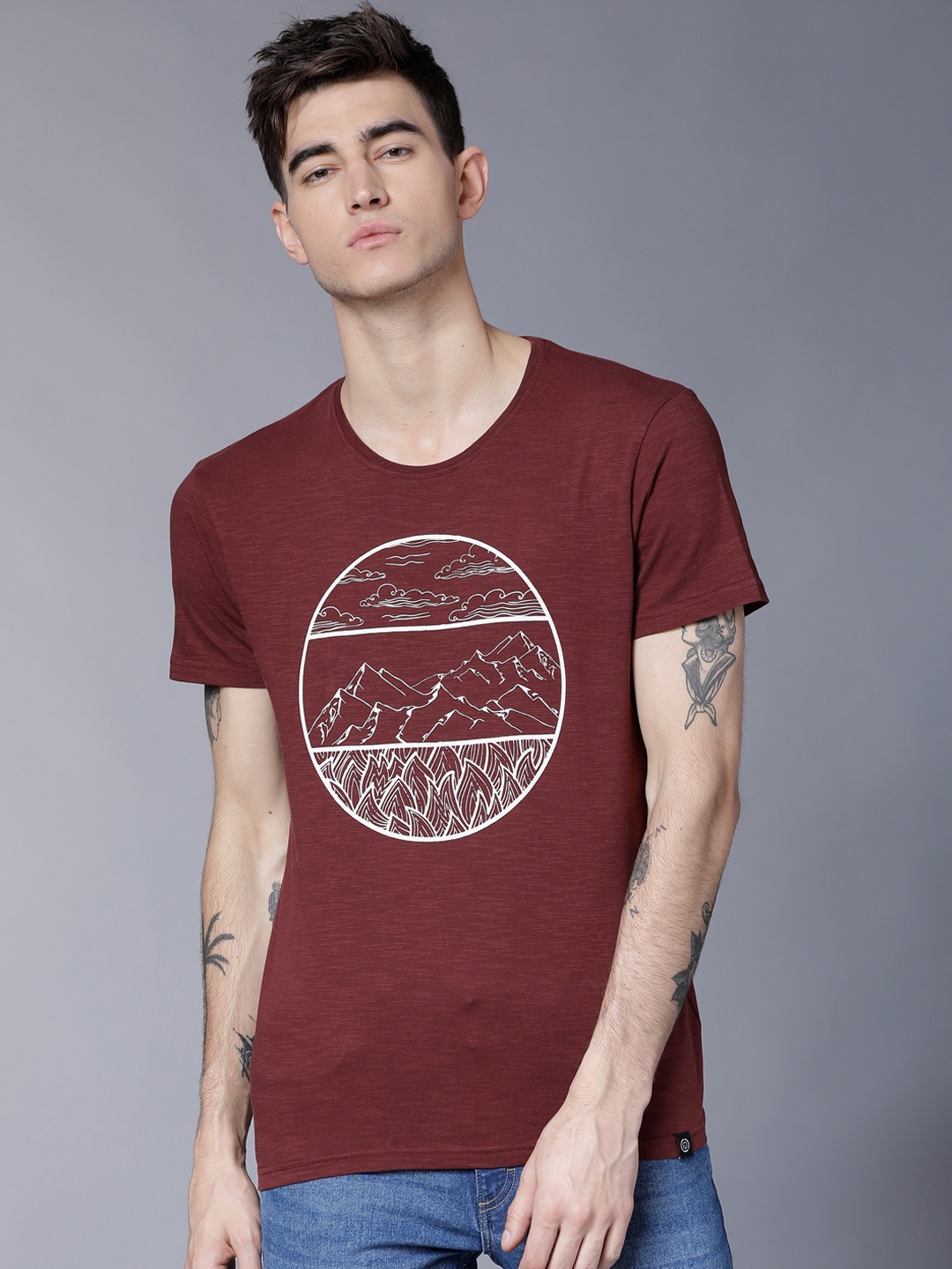 

LOCOMOTIVE Men Maroon Printed Round Neck T-shirt