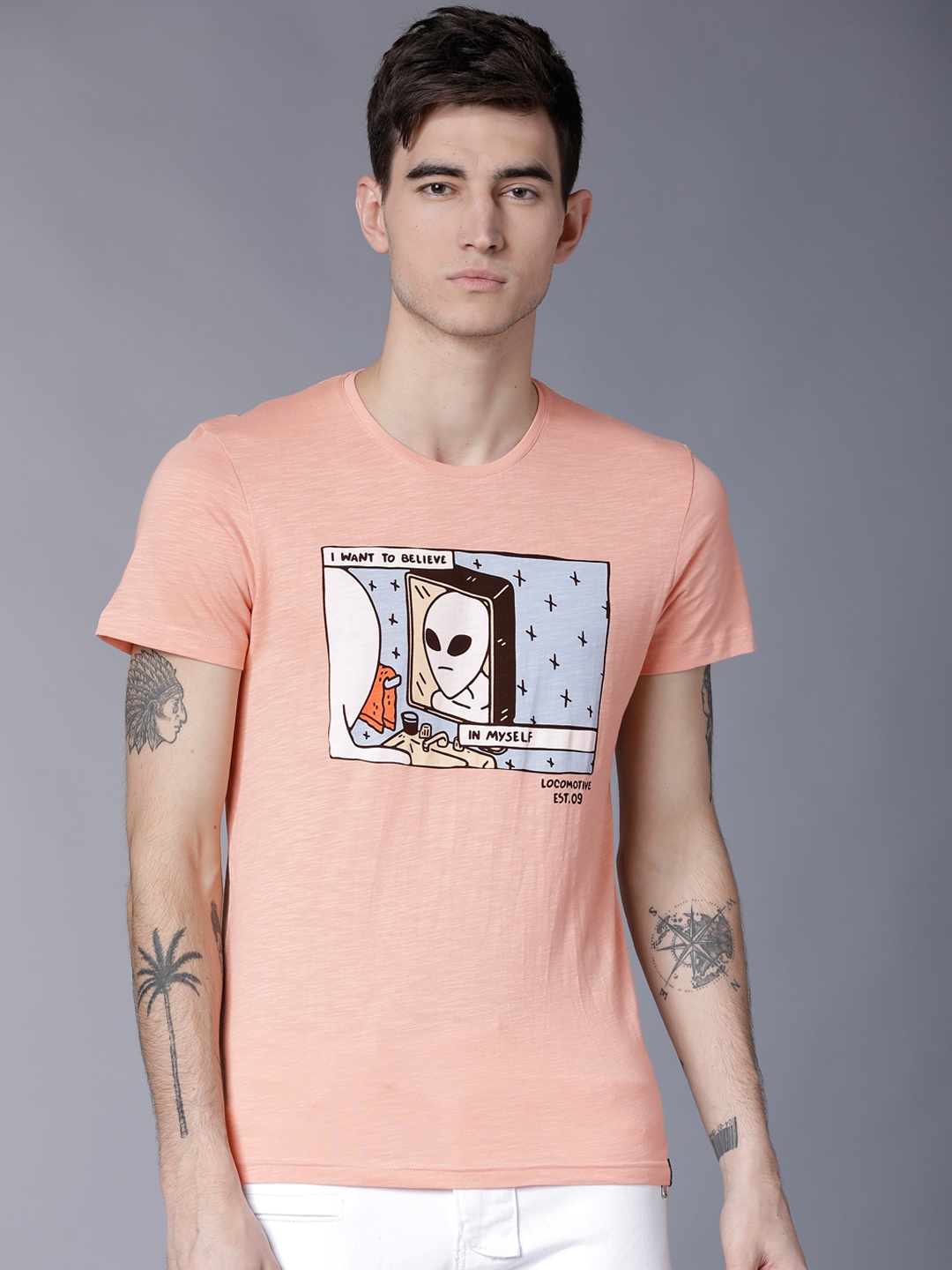 

LOCOMOTIVE Men Pink Printed Round Neck T-shirt