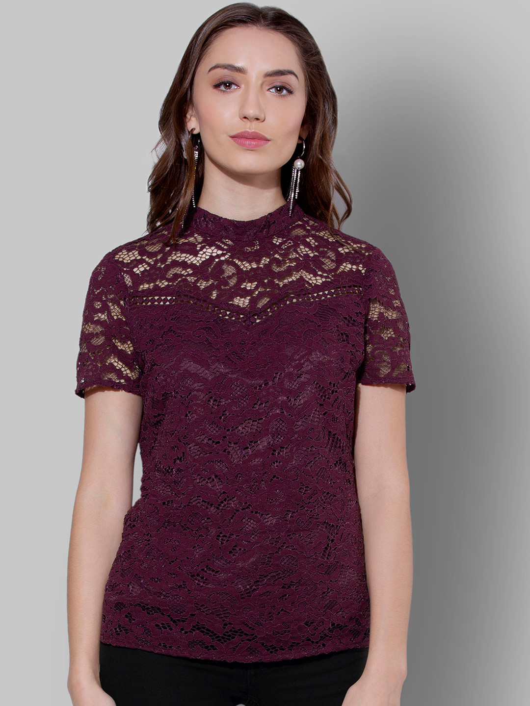

FabAlley Women Maroon Self Design Top