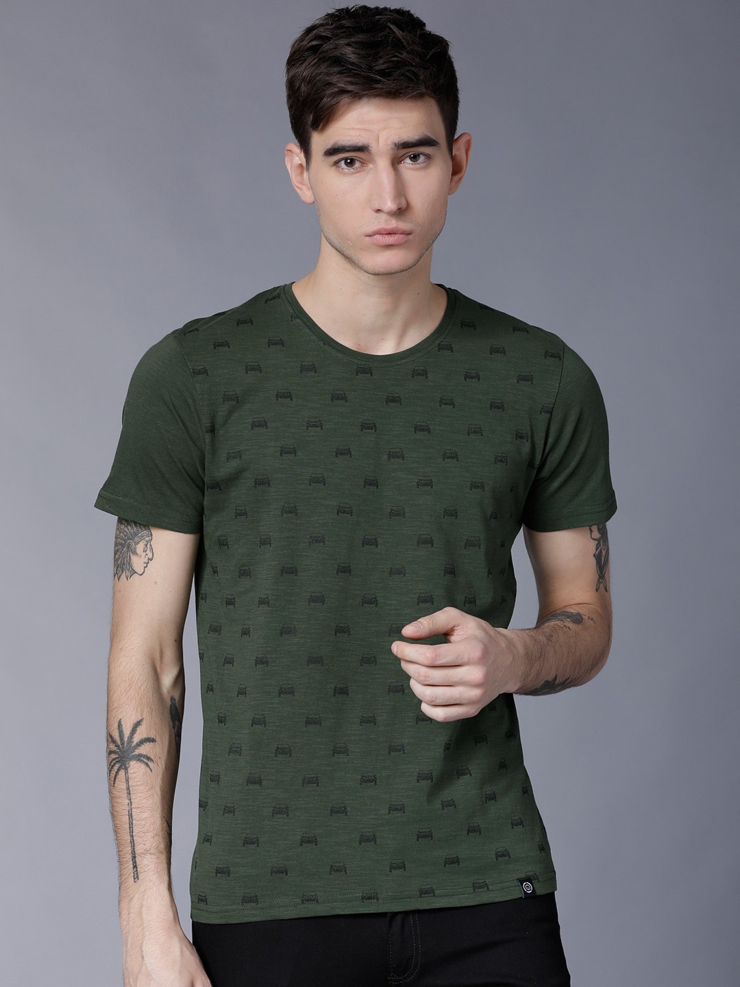 

LOCOMOTIVE Men Olive Green Printed Round Neck T-shirt