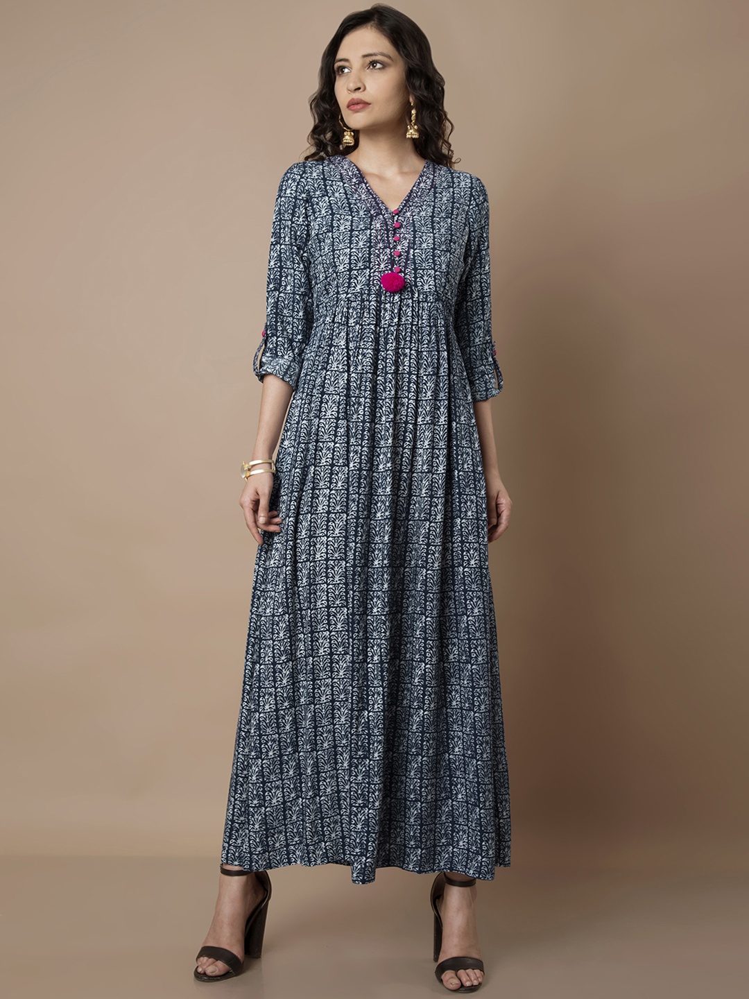 

INDYA Women Blue Checked A-Line Maxi Dress
