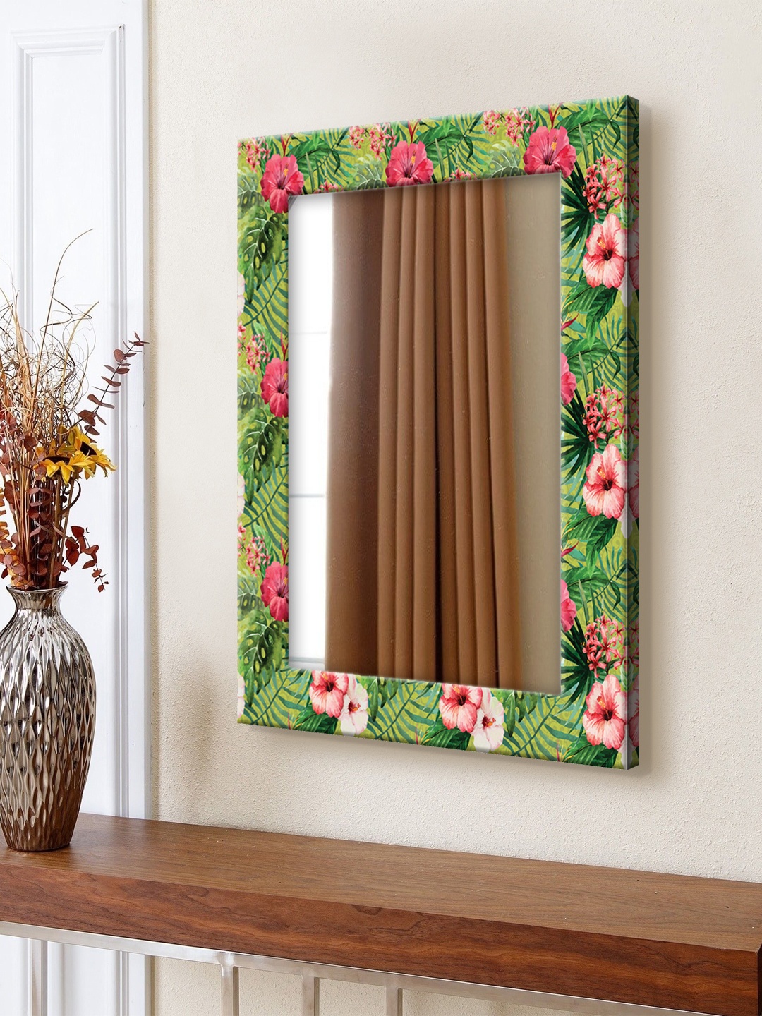 

999Store Green & Pink Printed MDF Wall Mirror