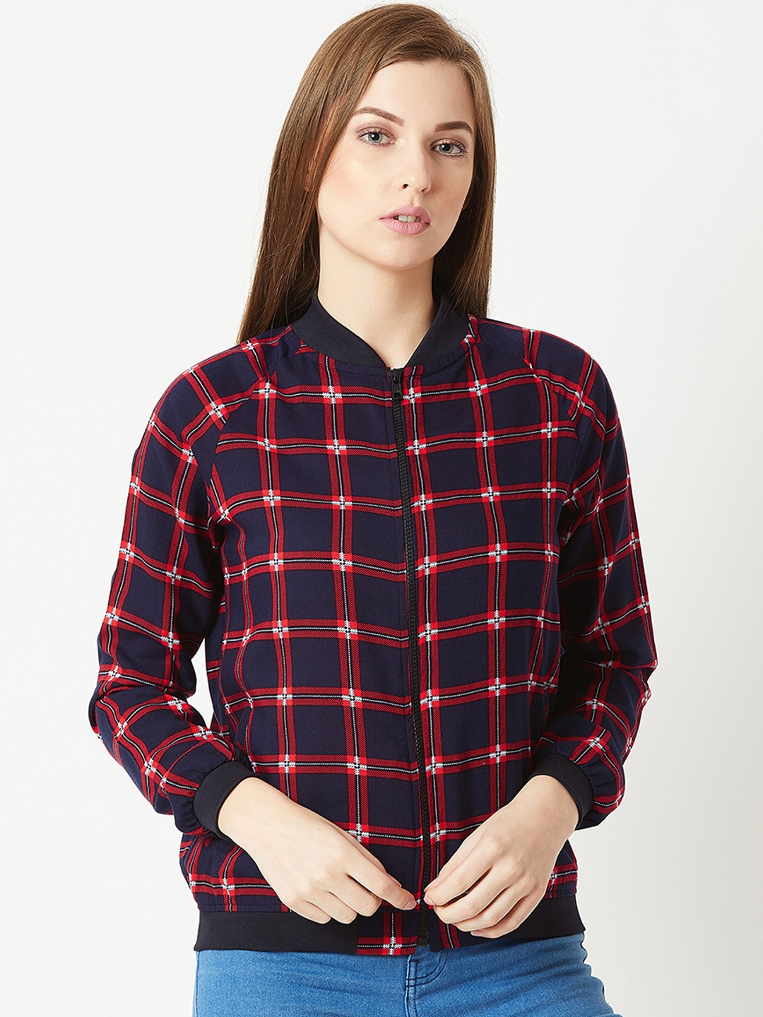 

Miss Chase Women Navy Blue Checked Lightweight Bomber