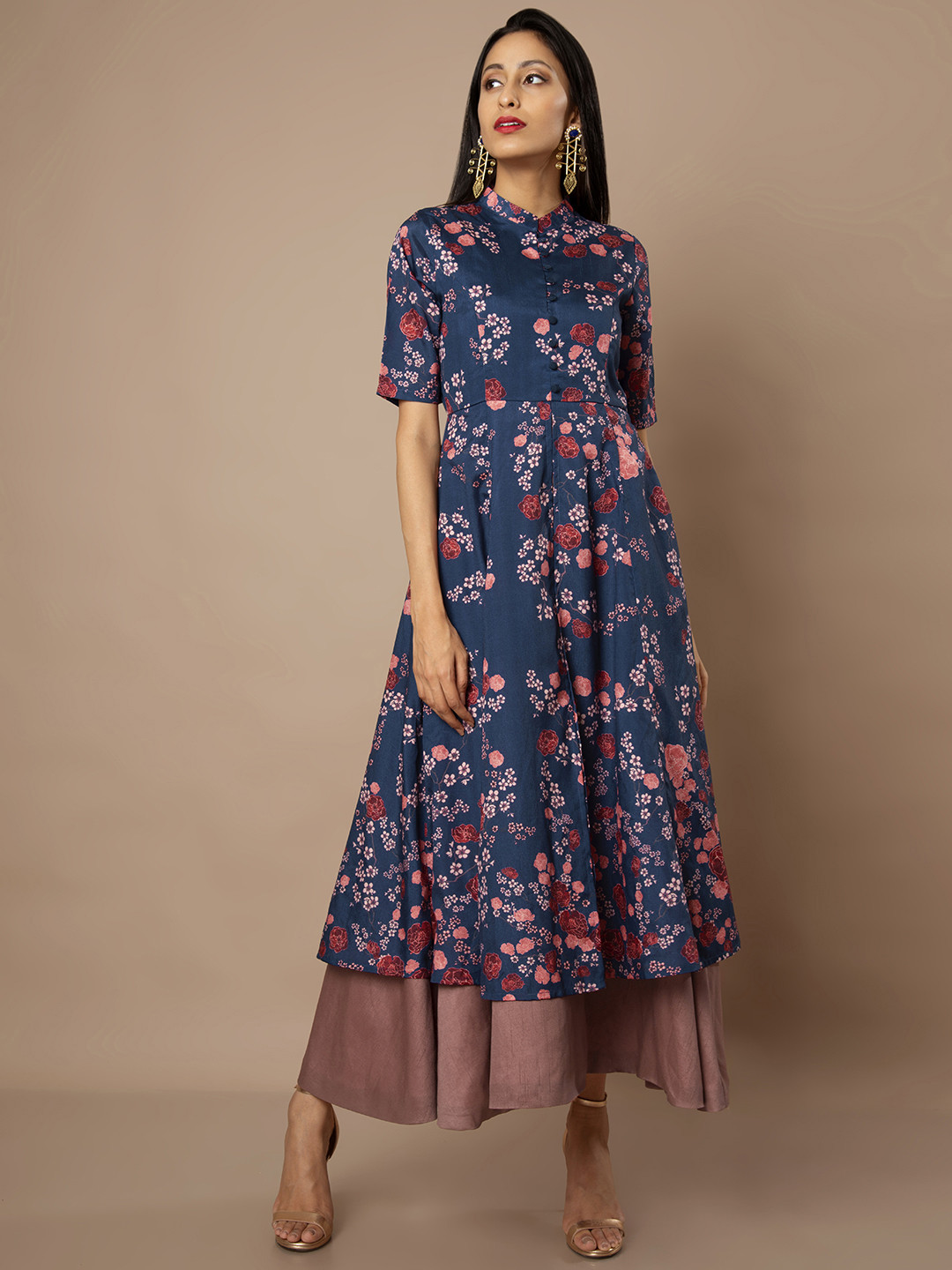 

INDYA Women Navy Blue Printed A-Line Layered Ethnic Maxi Dress
