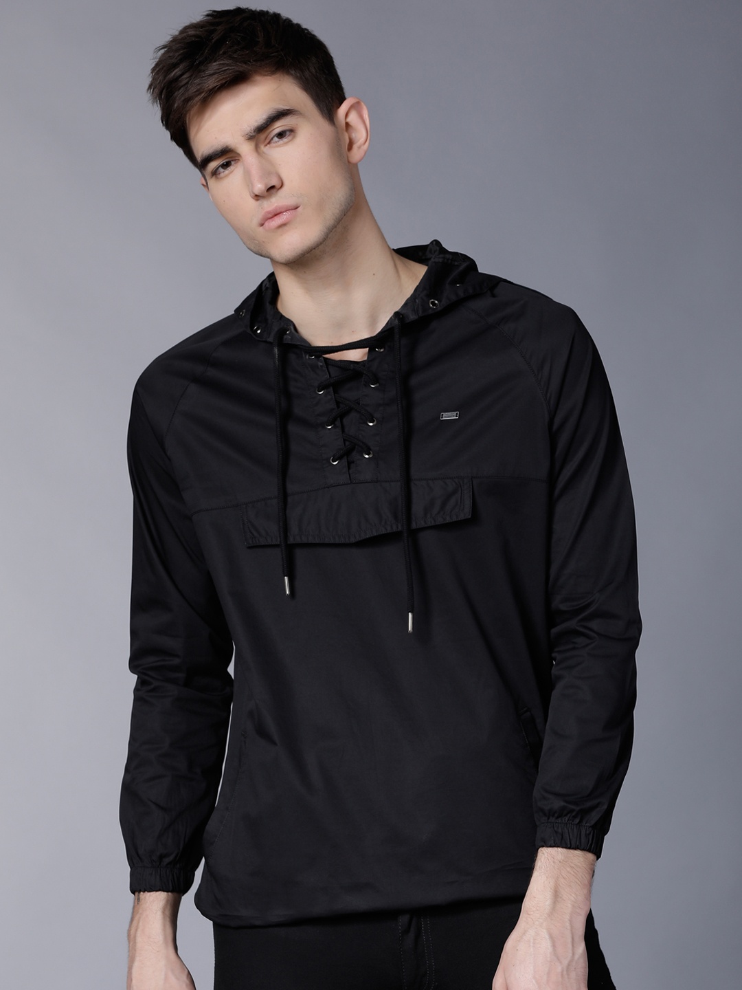 

LOCOMOTIVE Men Black Solid Hooded Bomber