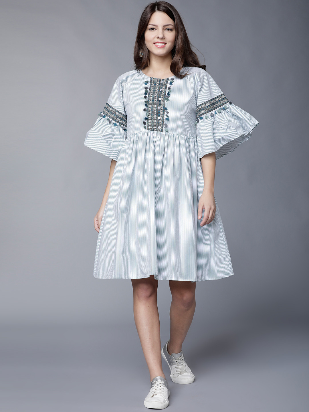 

Tokyo Talkies Women Blue & White Striped A-Line Dress