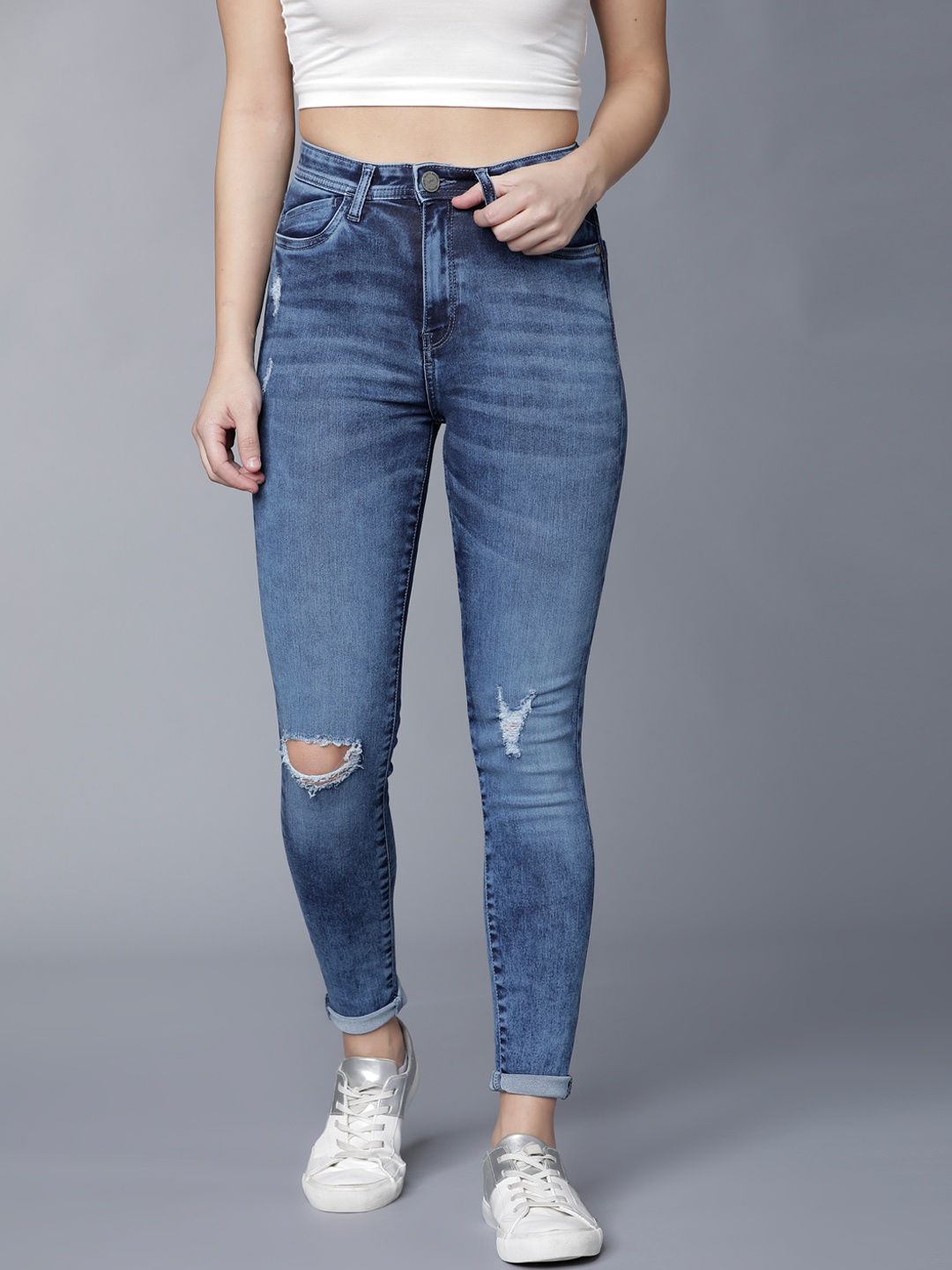 Tokyo Talkies Women Blue Super Skinny Fit Mid-Rise Mildly Distressed Stretchable Jeans