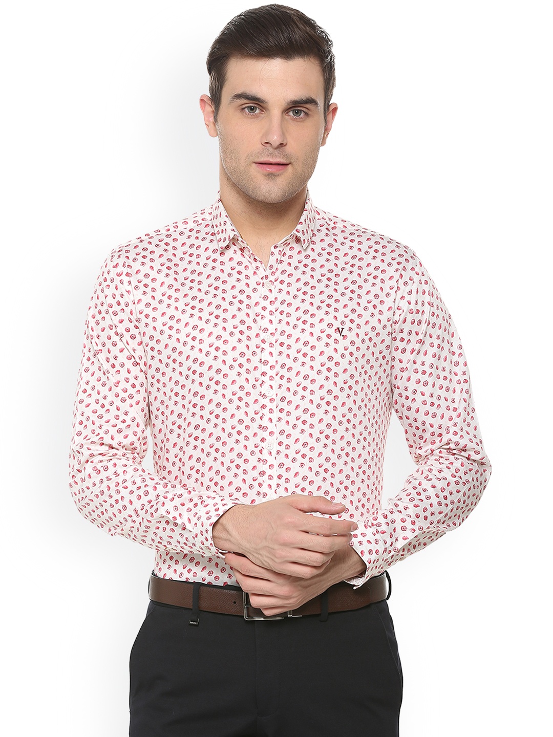 V Dot Men White & Pink Slim Fit Printed Casual Shirt