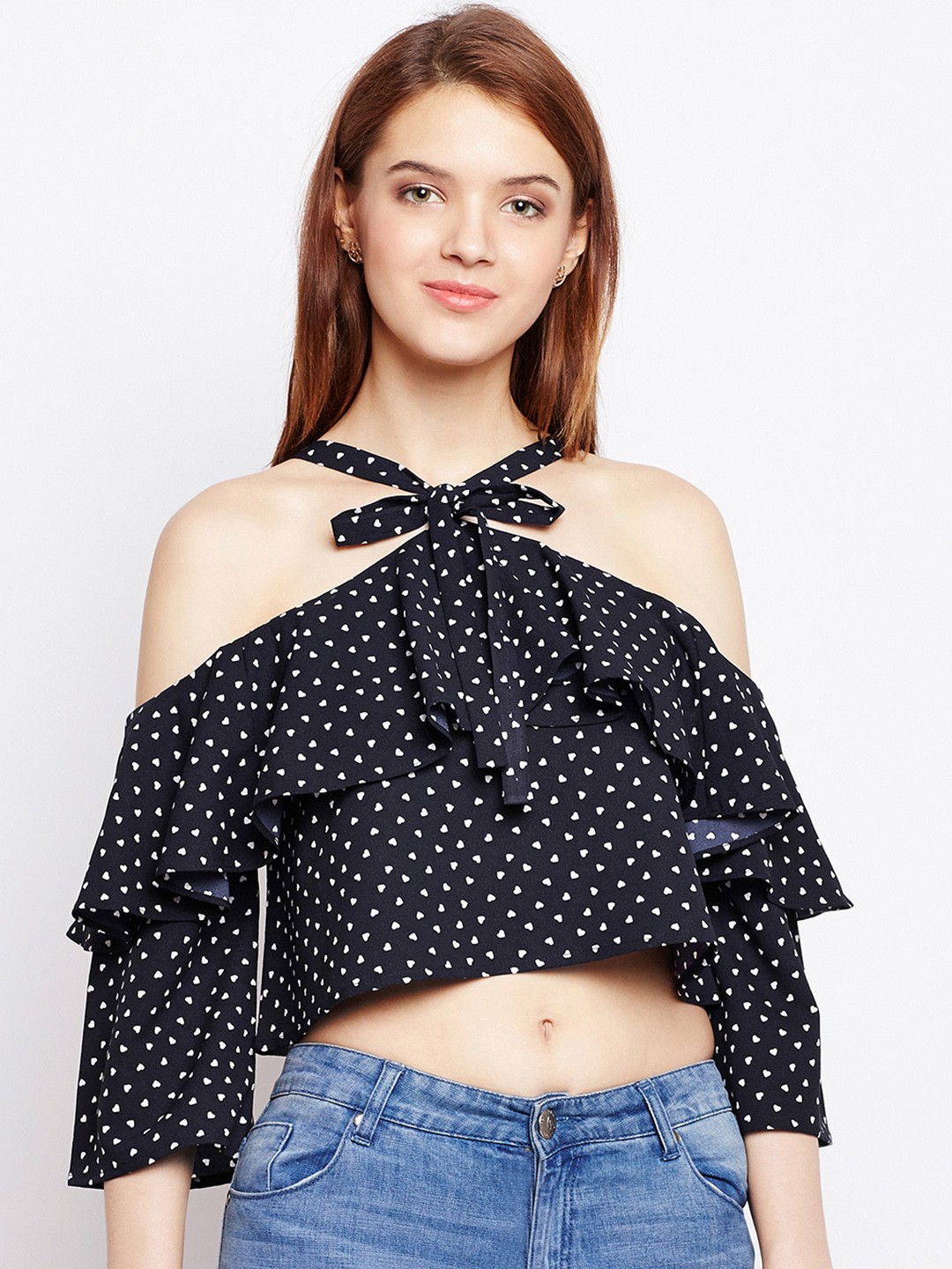 

Nun Women Navy Blue & White Printed Crop A-Line Top