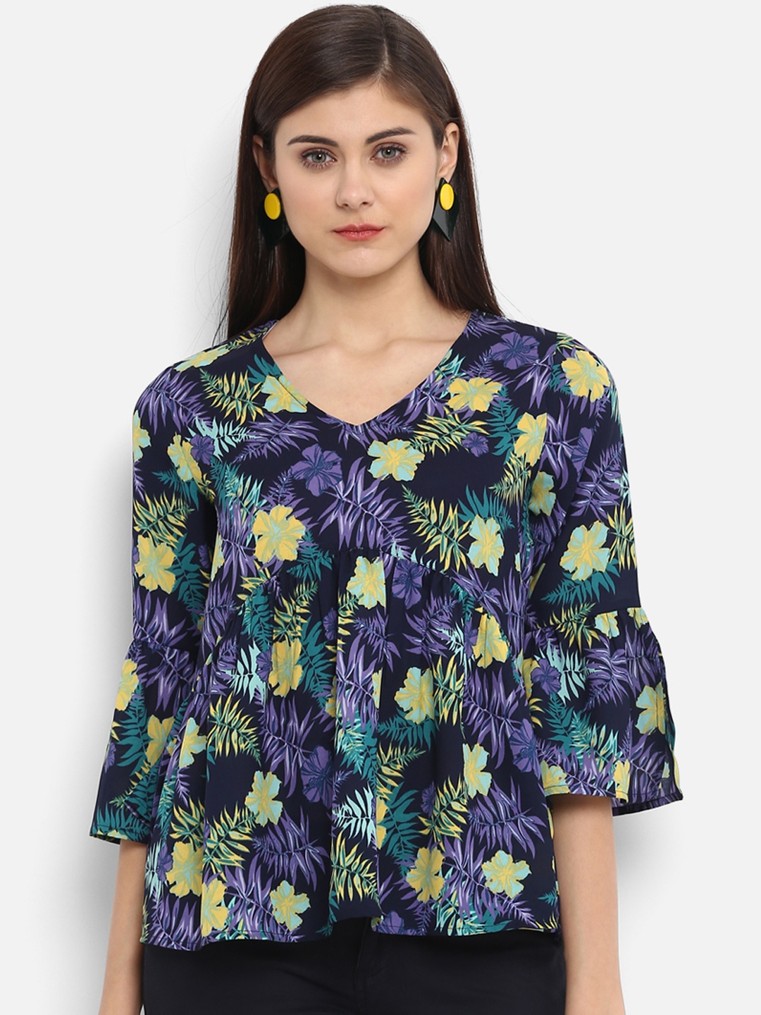 

PURYS Women Navy Blue Printed Empire Top