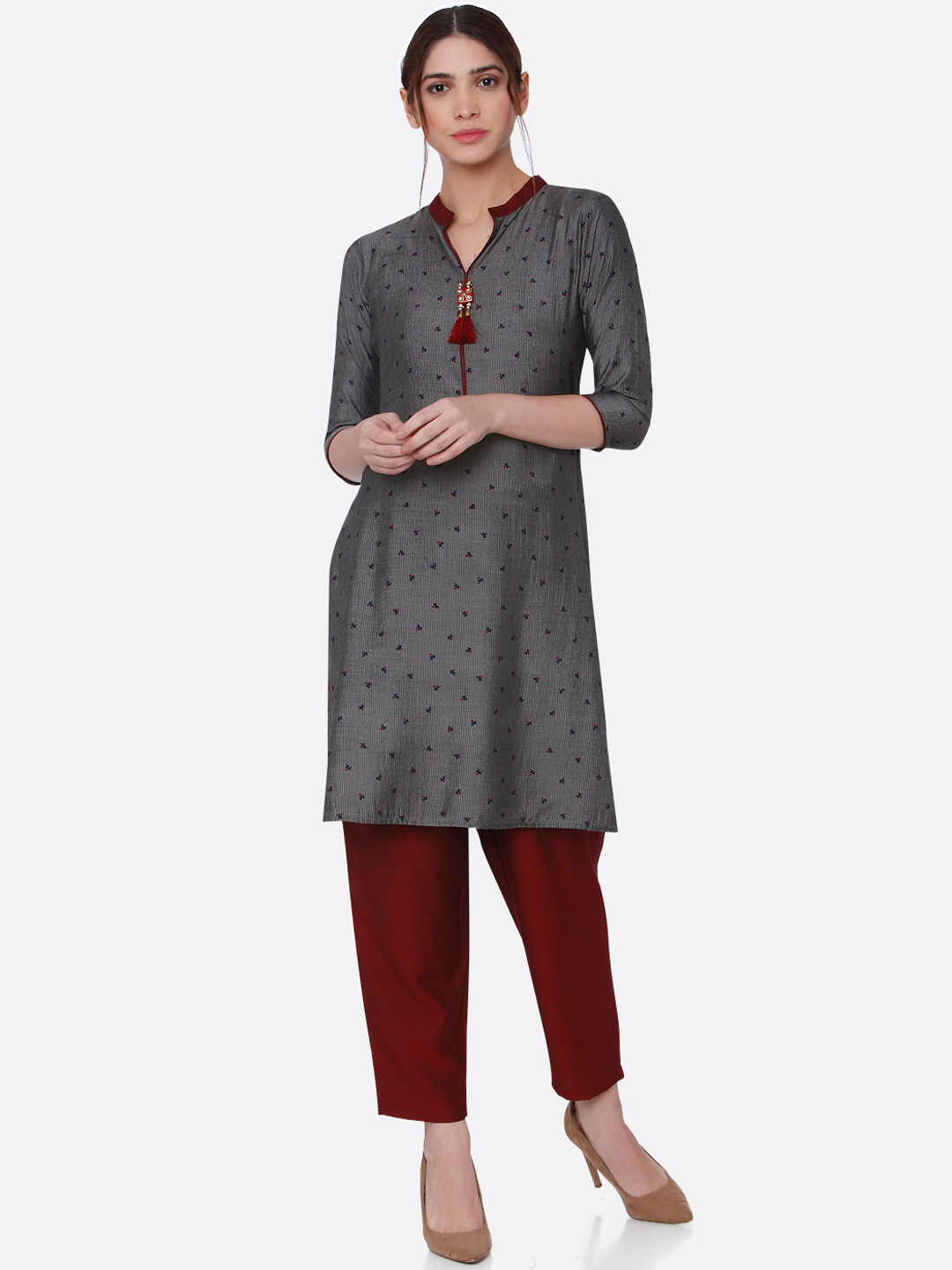 

shiloh Women Grey Printed Straight Kurta