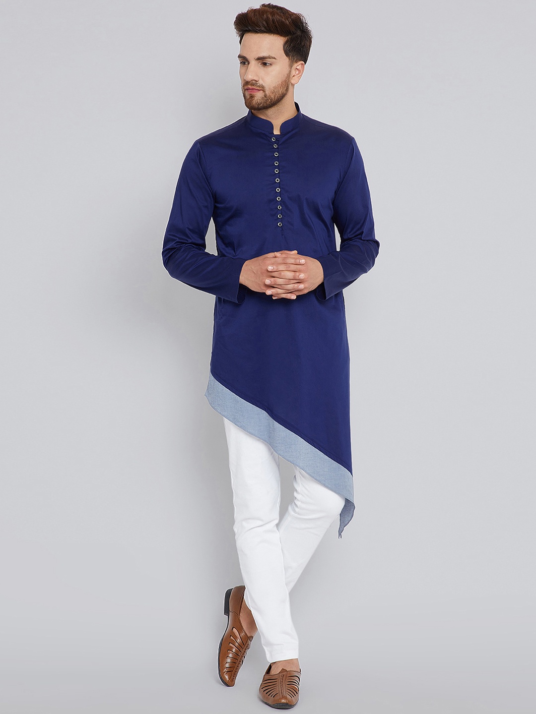 

See Designs Men Blue Solid Asymmetric Straight Kurta