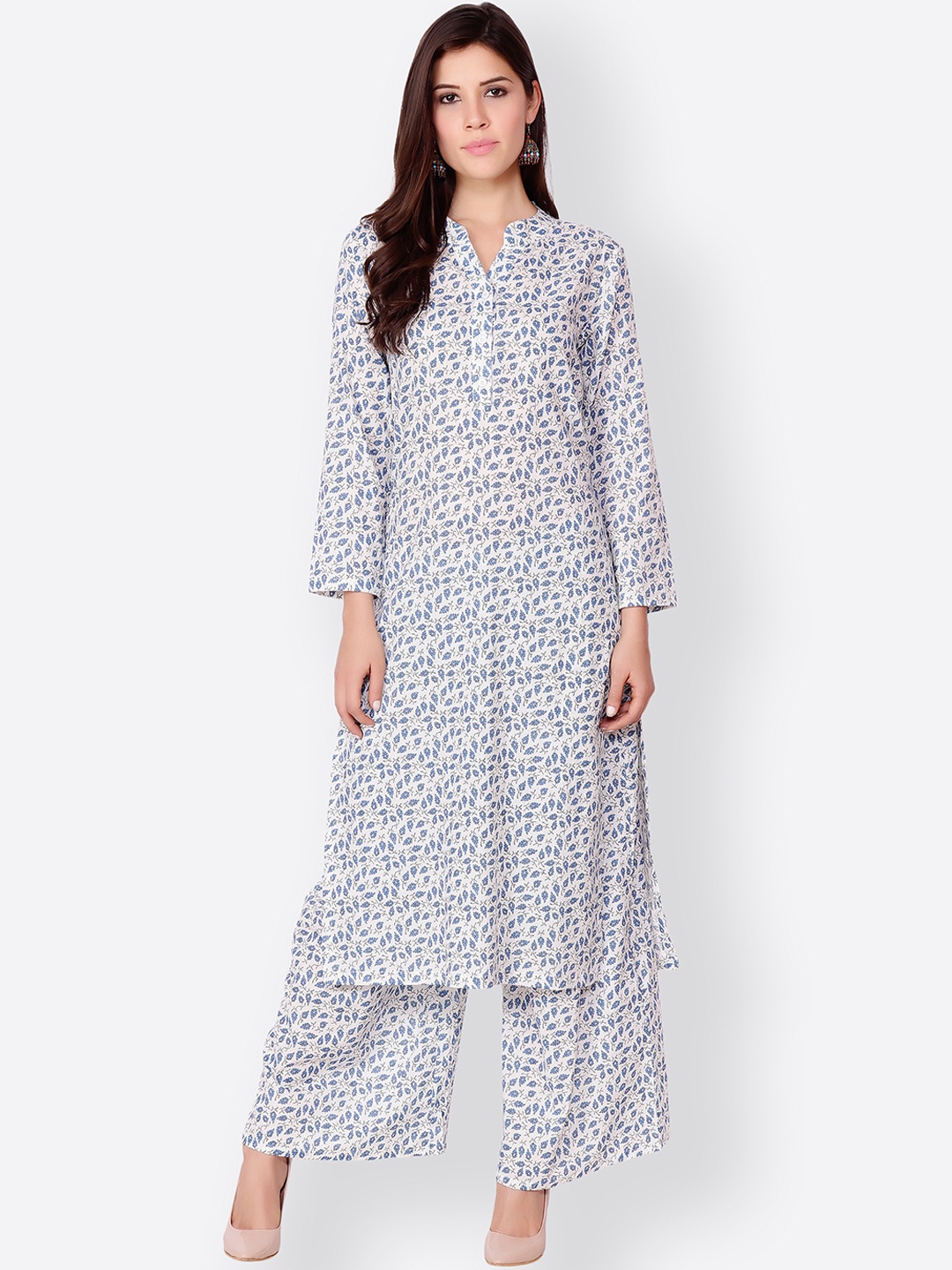 SCORPIUS Women White & Blue Floral Printed Straight Kurta