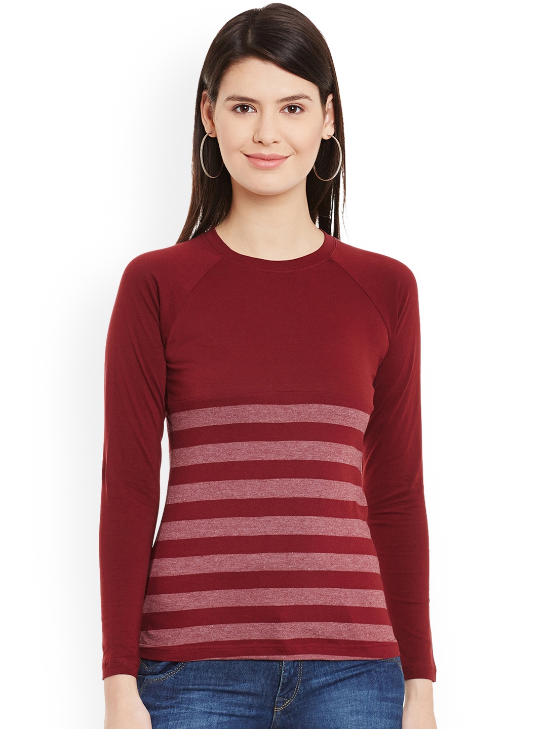 

Hypernation Women Maroon Striped Round Neck Pure Cotton T-shirt
