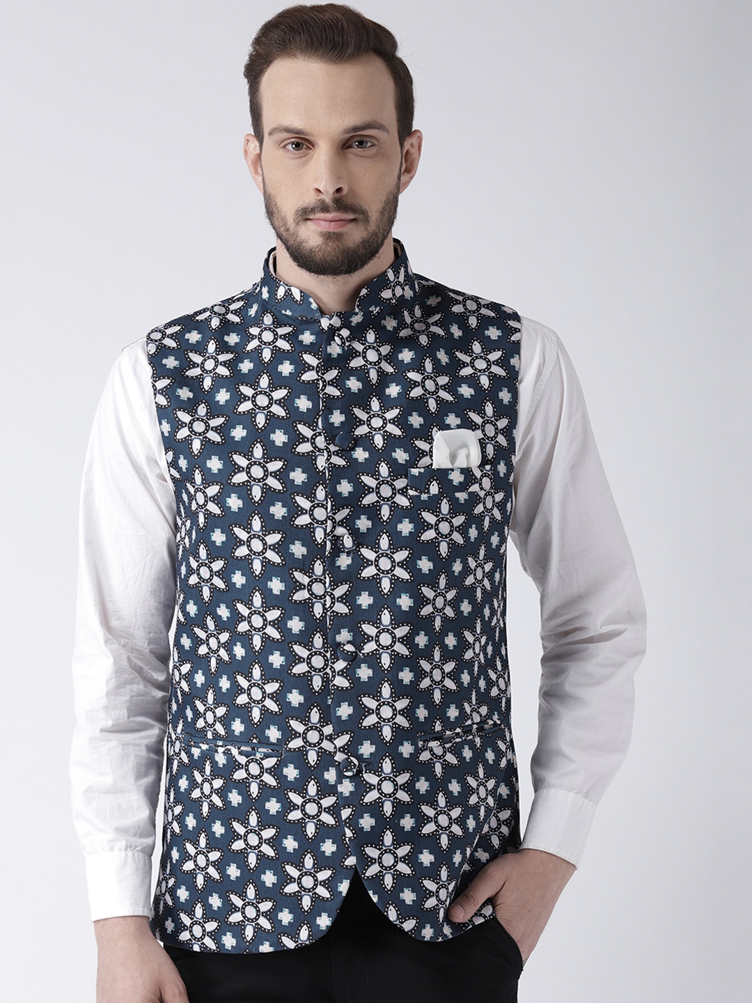 Hangup Men Navy Blue Woven Design Nehru Jacket