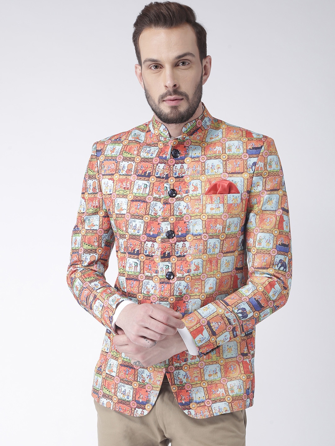 

Hangup Men Multicoloured Printed Single-Breasted Bandhgala Casual Blazer, Multi