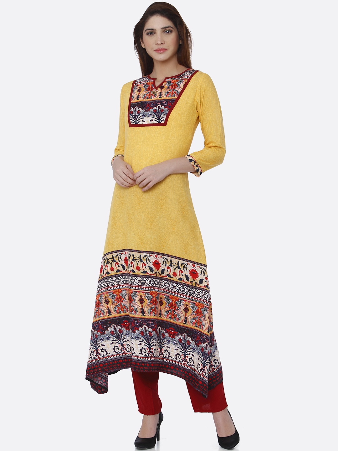 shiloh Women Yellow Printed Asymmetric Kurta