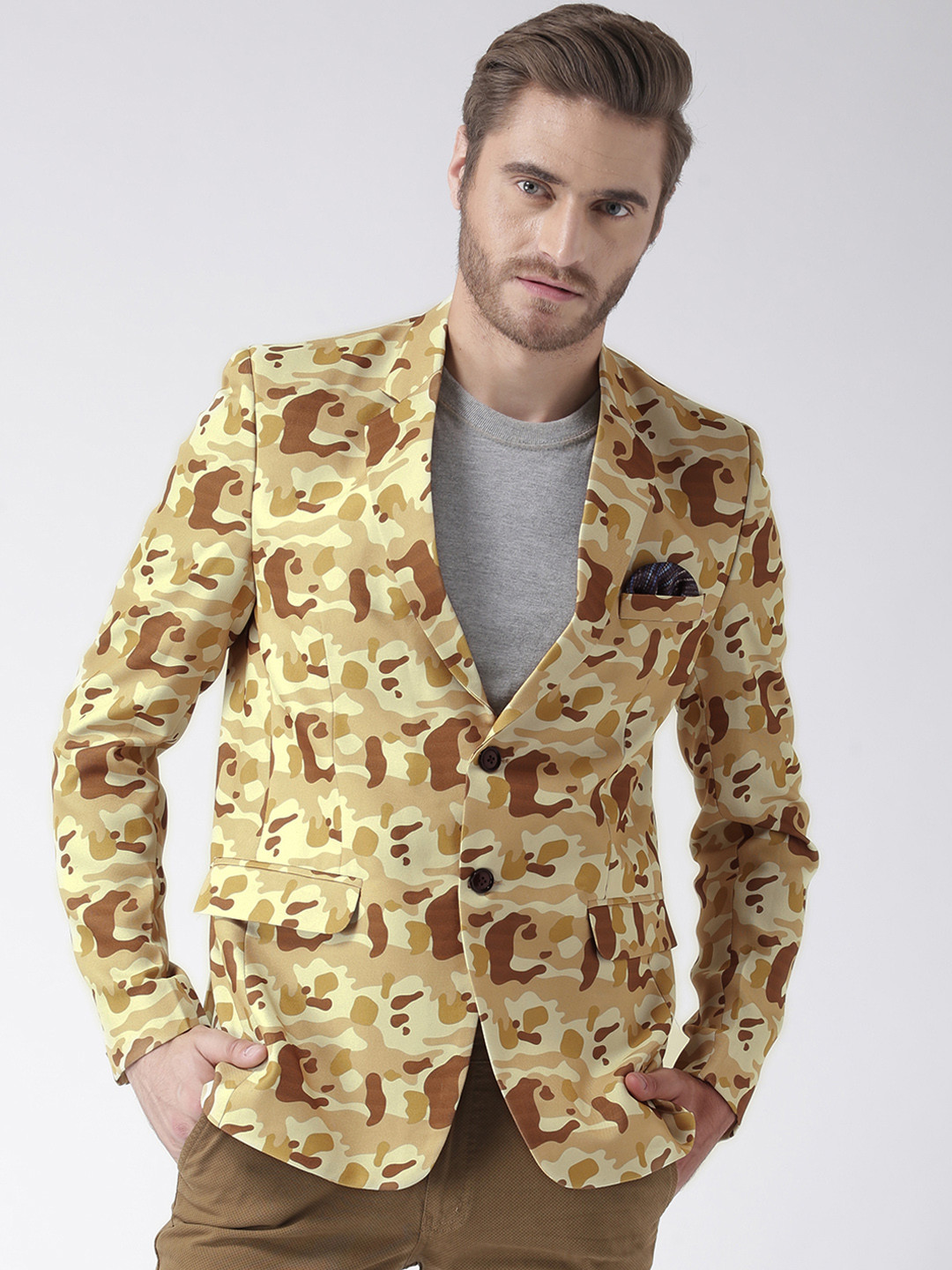 

Hangup Men Beige & Cream Printed Single-Breasted Formal Blazer