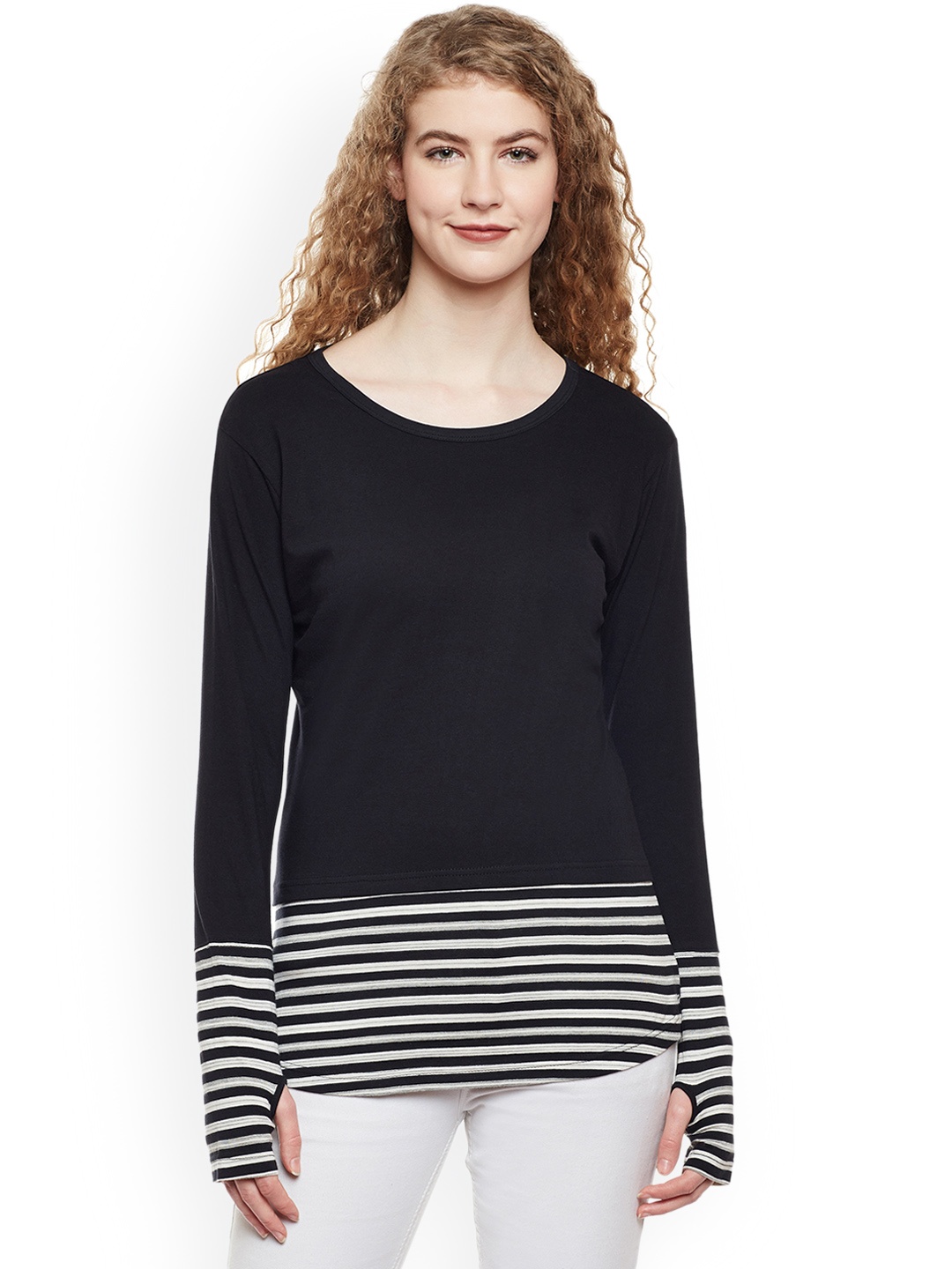

Hypernation Women Black Striped Round Neck Pure Cotton T-shirt