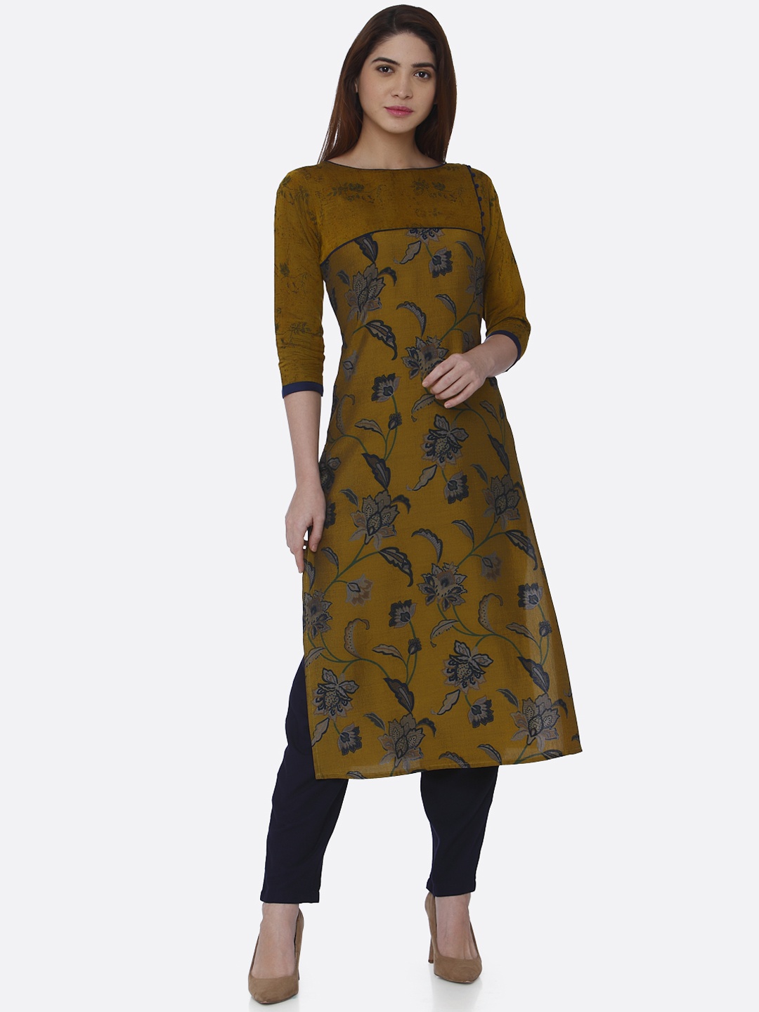 

shiloh Women Mustard Yellow Printed Straight Kurta