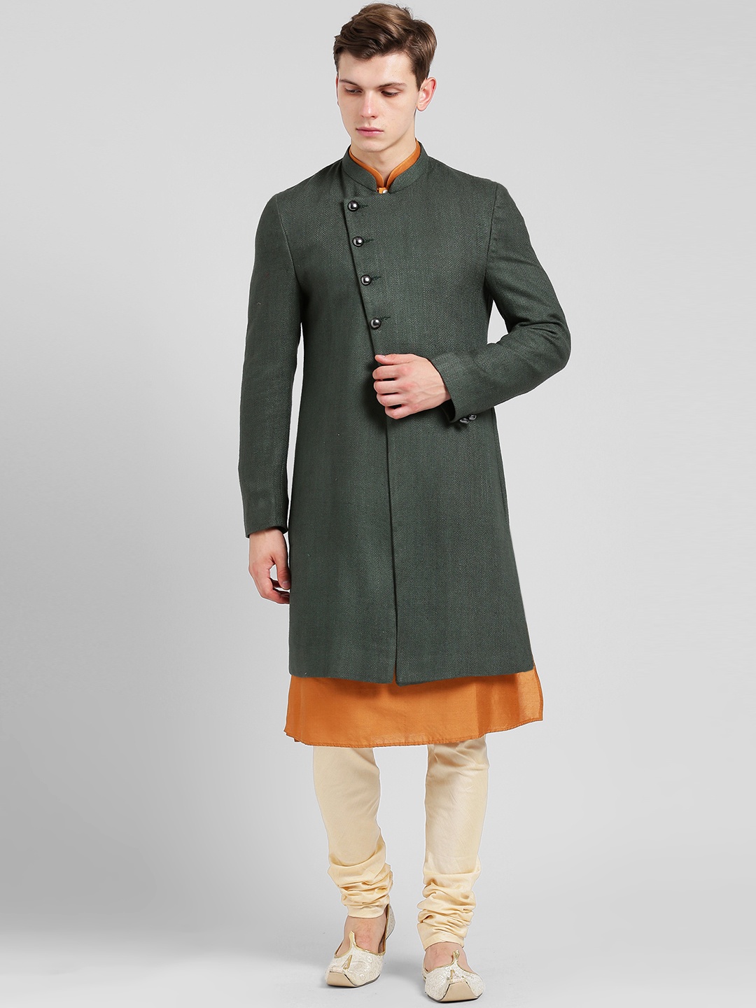 

KISAH Men's Green, Orange & Cream-Coloured Indowestern Sherwani Set