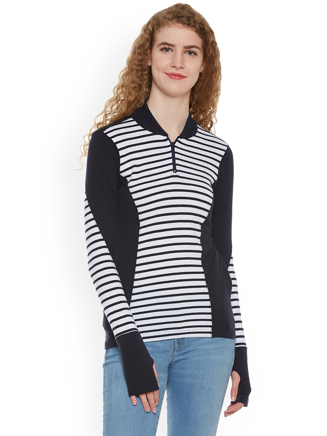 

Hypernation Women White Navy Blue Striped Mandarin Collar Pure Cotton T-shirt