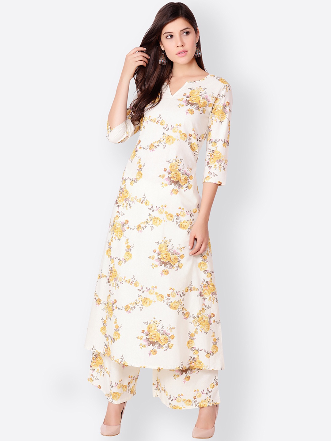 SCORPIUS Women White & Yellow Floral Print Straight Kurta